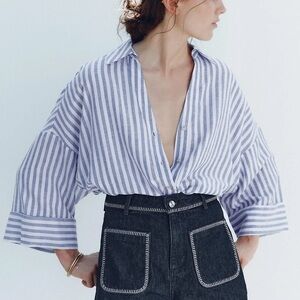 NWT: Zara Wide Sleeve Striped Linen Top - size M